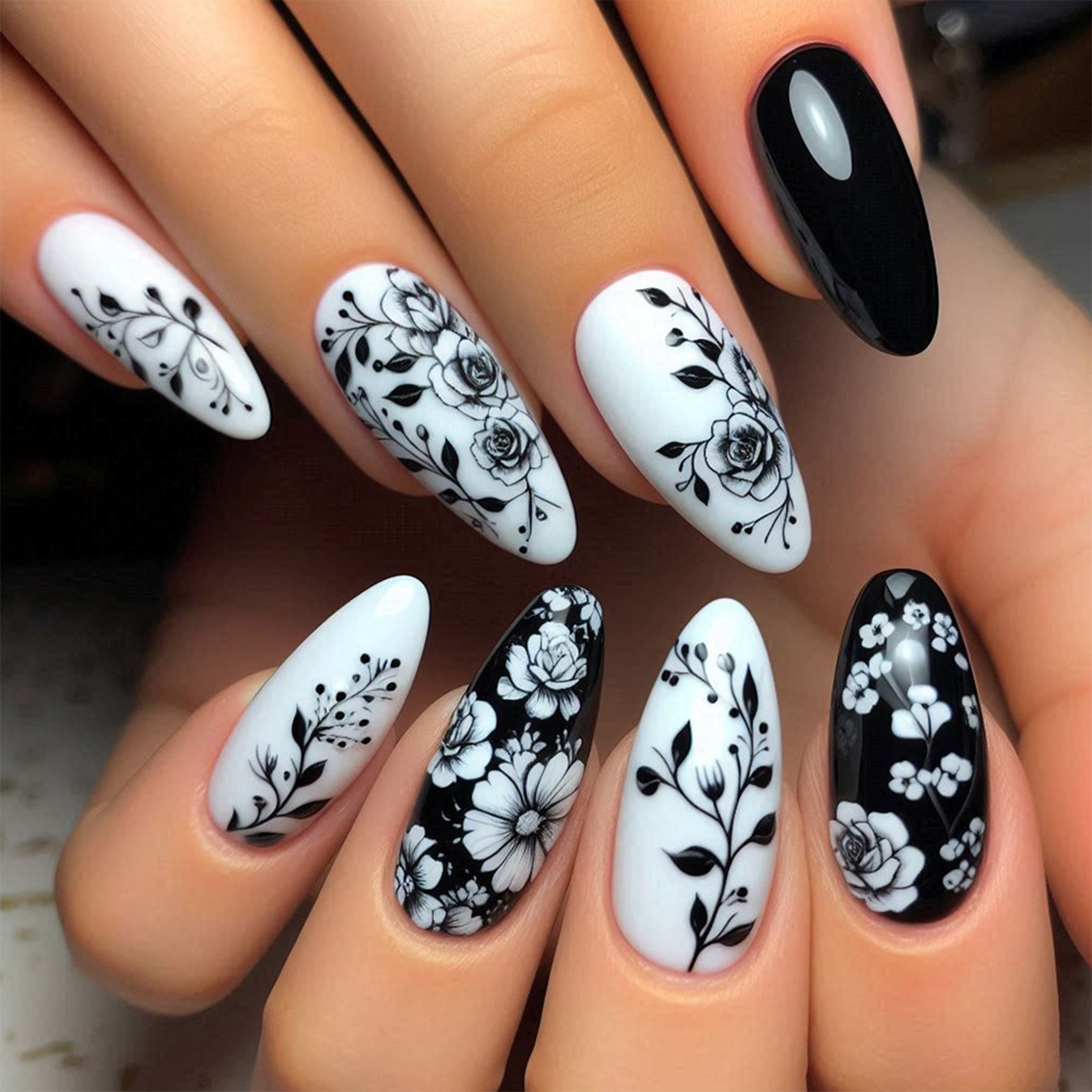 24Pcs Almond Fake Nails Black/ - مراجعة Pressed Flower Art وسعره