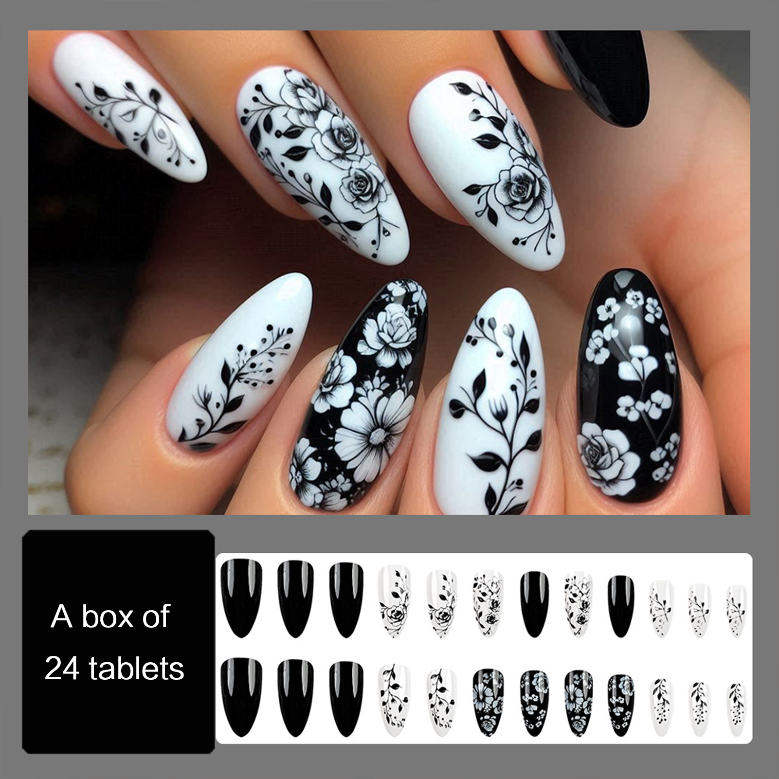 24Pcs Almond Fake Nails Black/ - مراجعة Pressed Flower Art وسعره