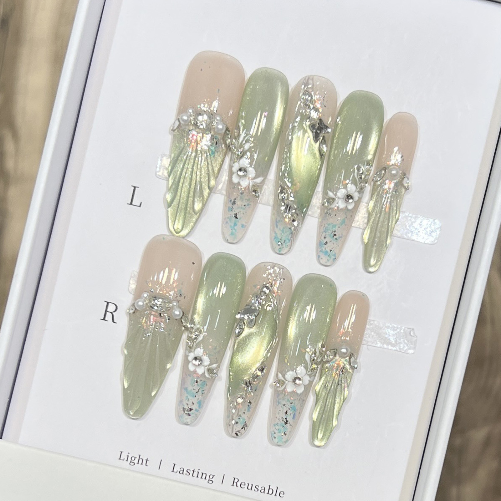 10pcs Long Almond Fake Nails T - مراجعة Pressed Flower Art وسعره