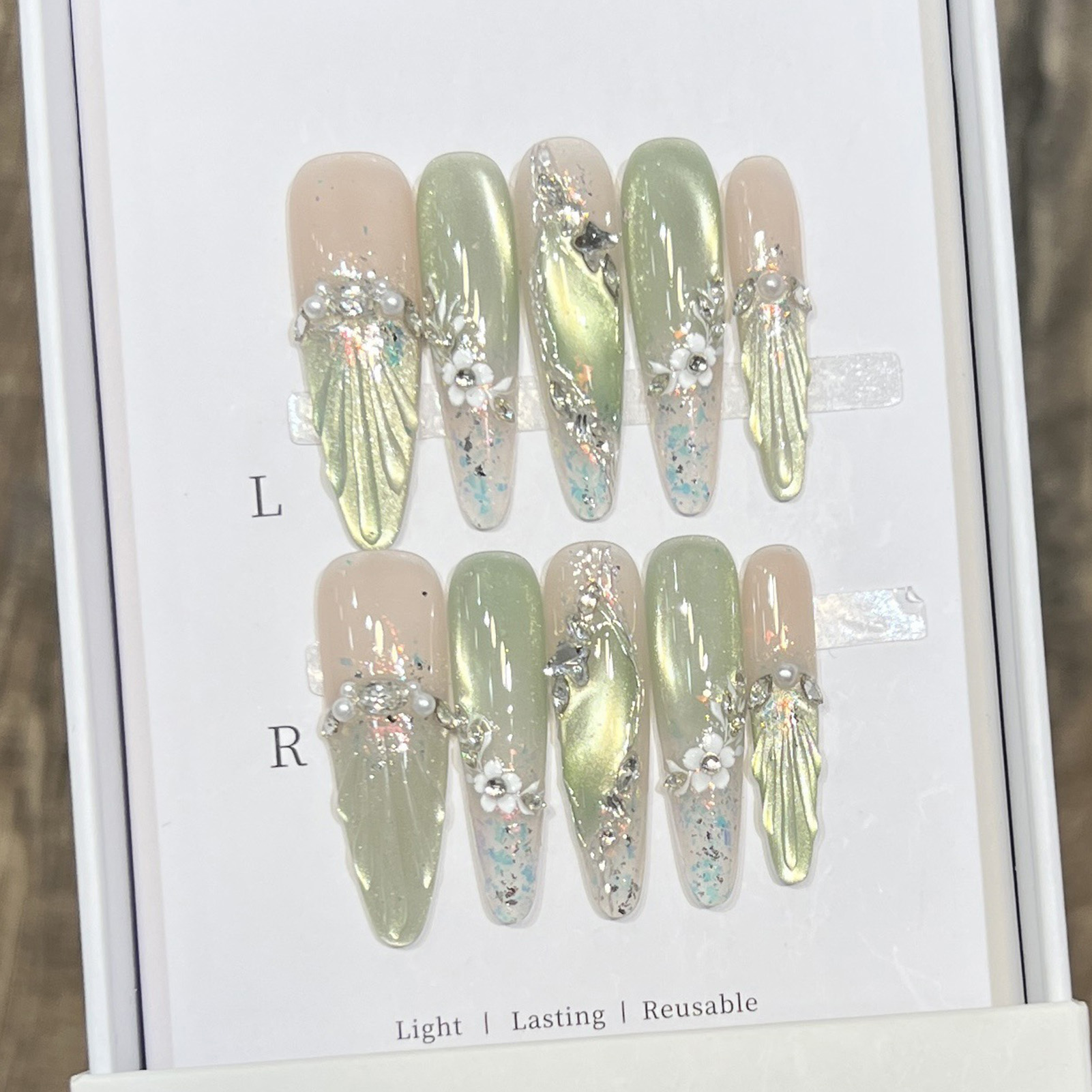10pcs Long Almond Fake Nails T - مراجعة Pressed Flower Art وسعره